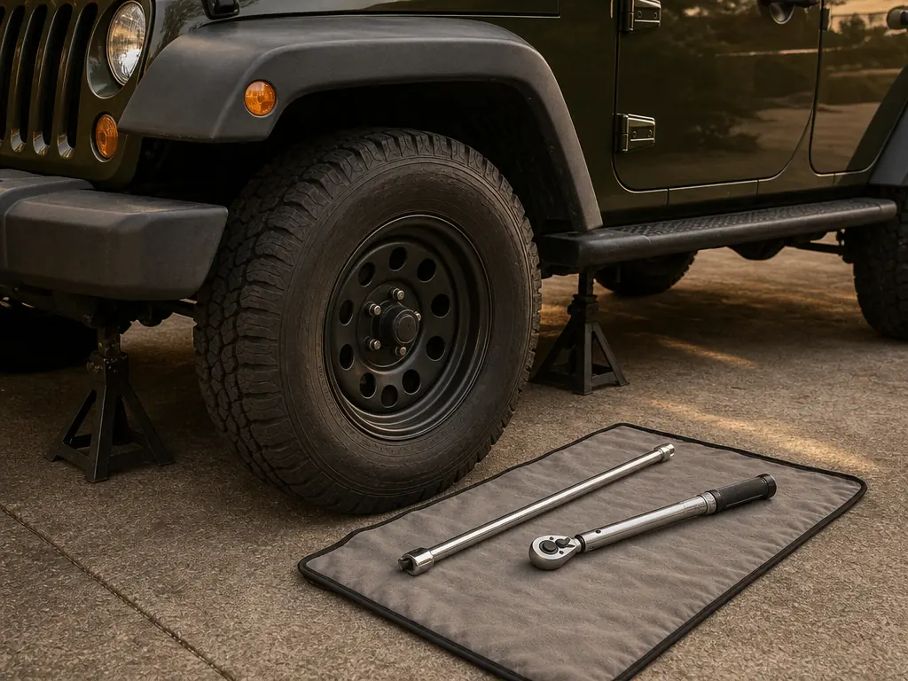 Wrenches beside a Jeep Wrangler on jack stands in a driveway