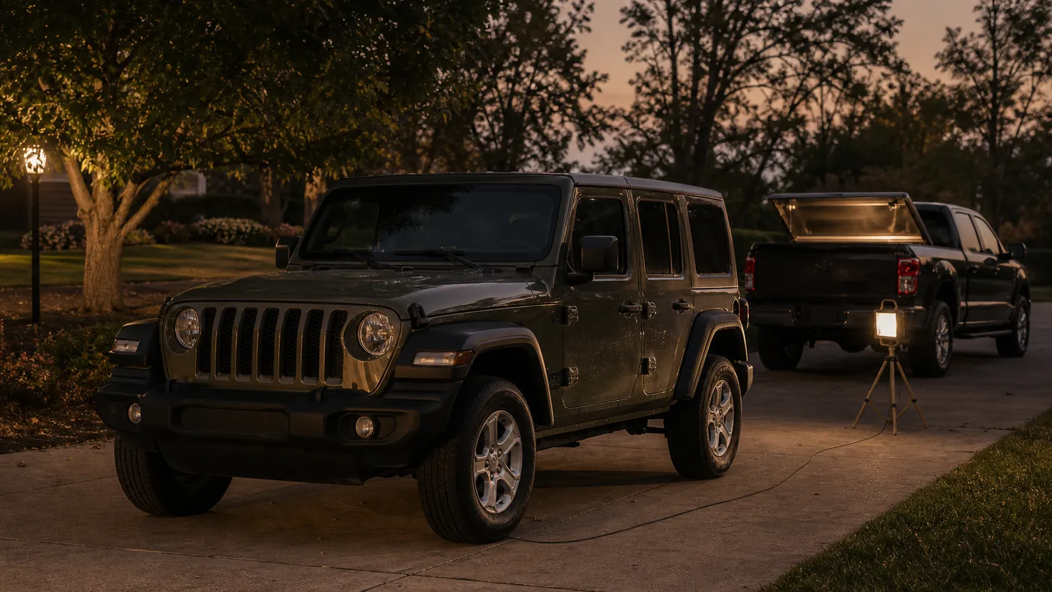 Service truck and a Jeep in a driveway at dusk, ready for a mobile repair