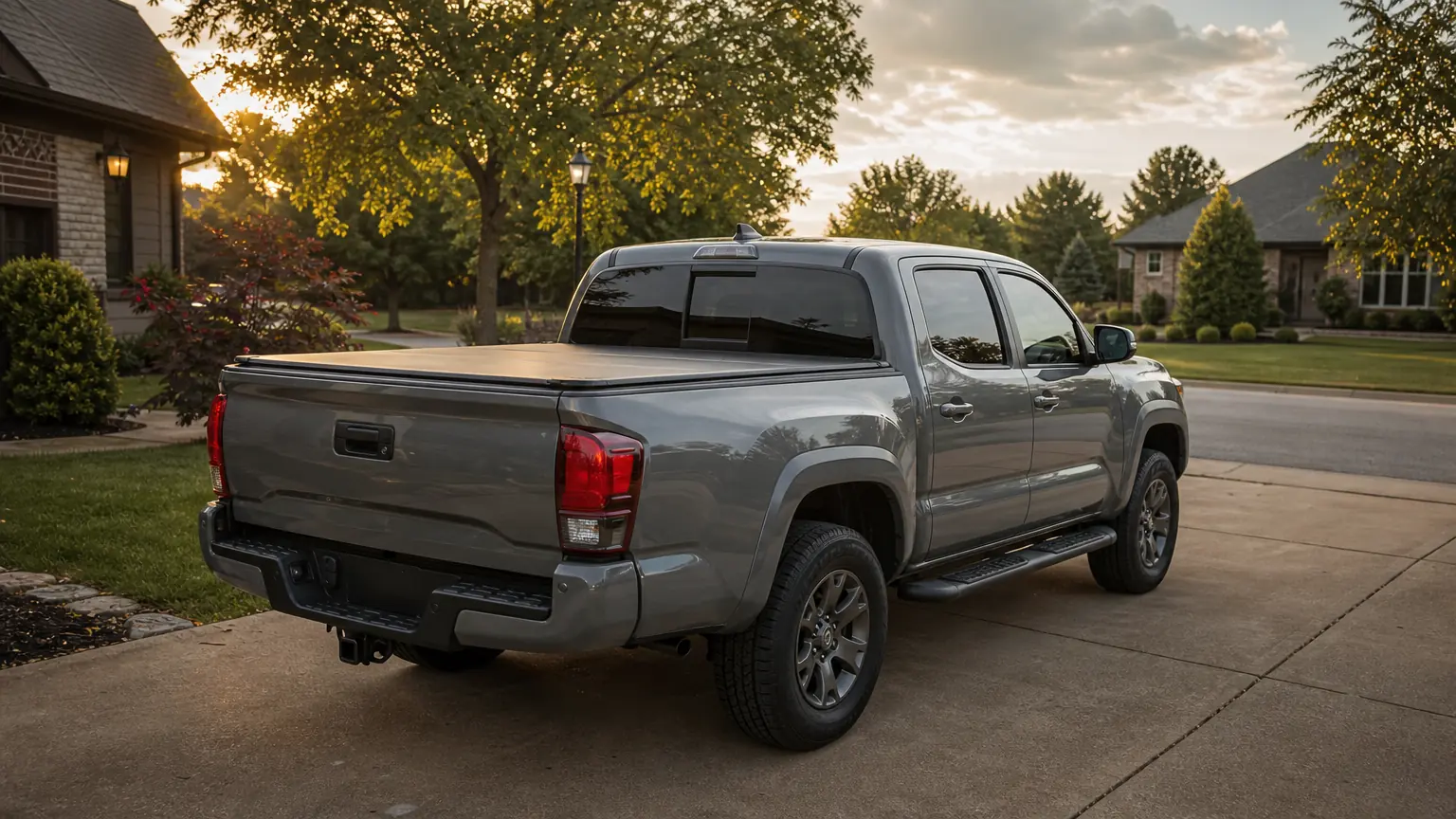 Toyota Tacoma with a tonneau cover and running boards in a Louisville driveway