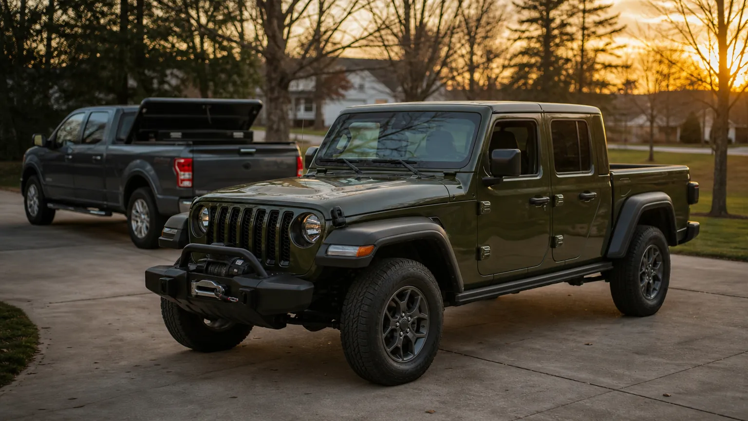 Jeep Gladiator in a driveway beside a mobile mechanic's service truck