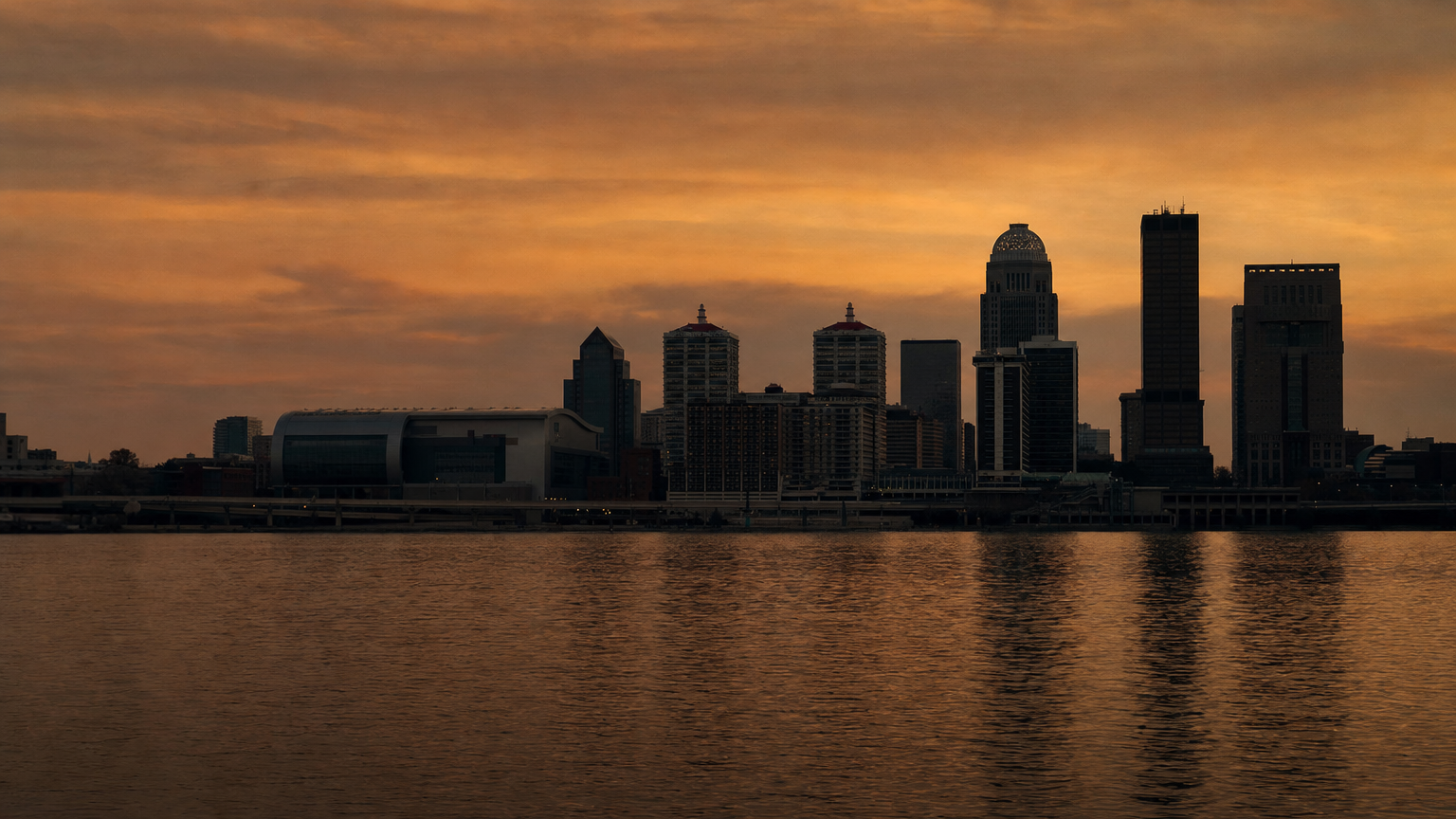 Louisville skyline across the Ohio River at dusk