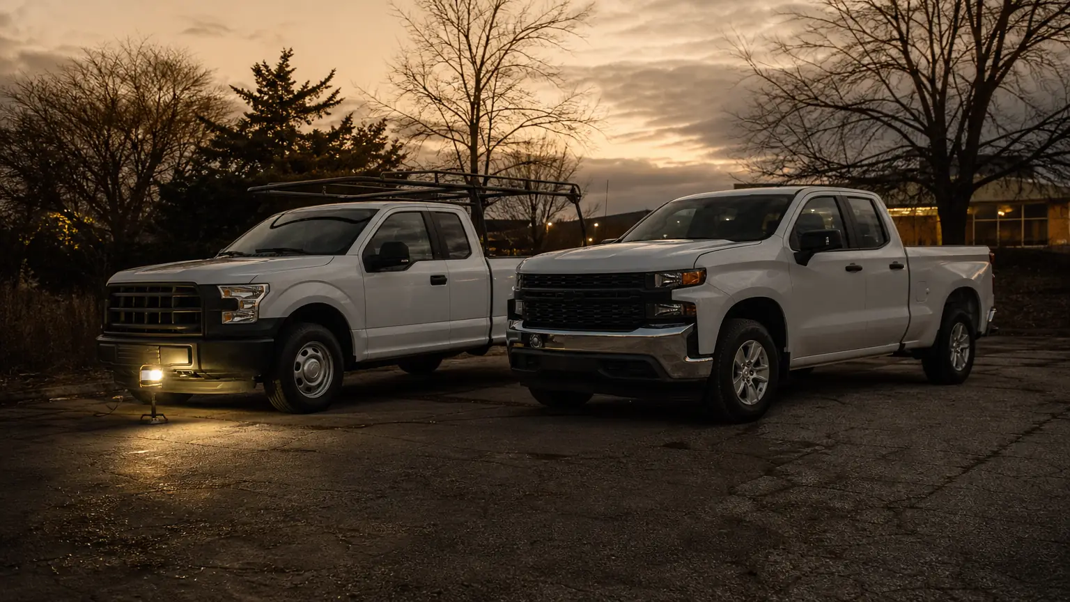 Two work pickups in a company lot at dusk, ready for after-hours fleet service