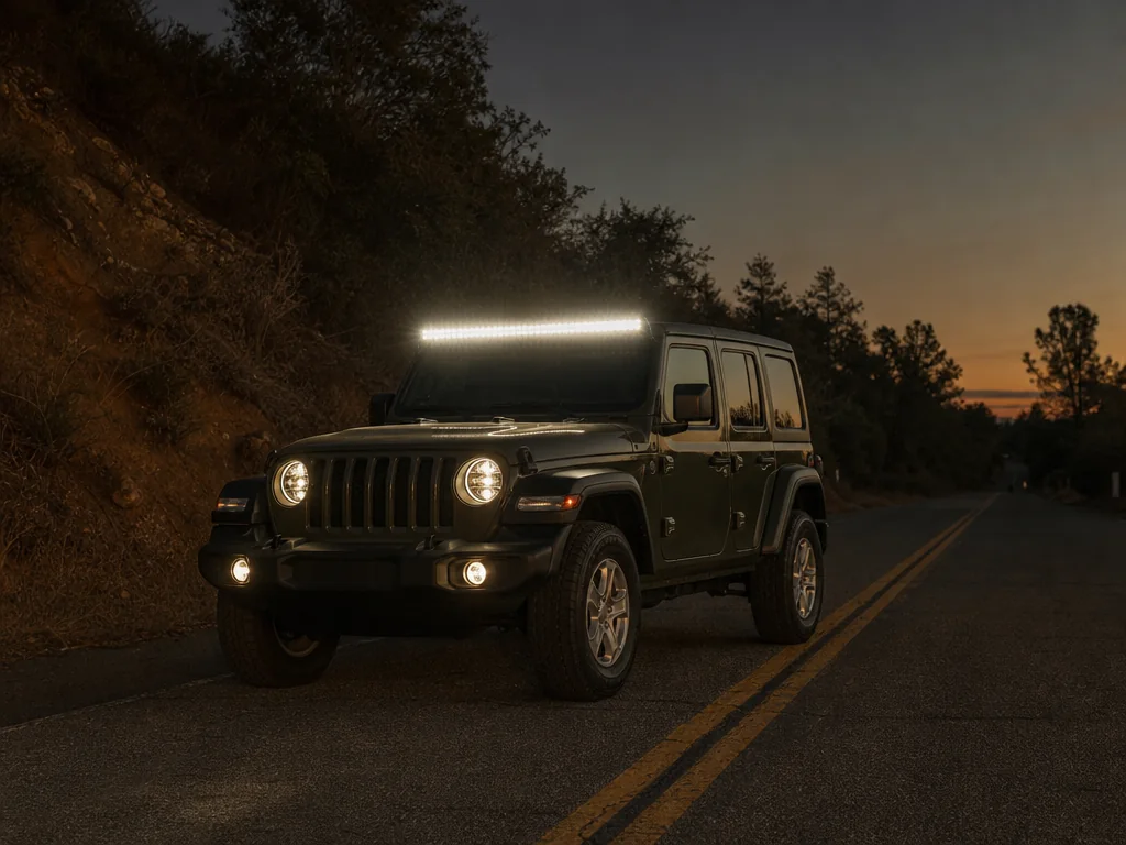 Jeep with an LED light bar on a dark Oldham County road