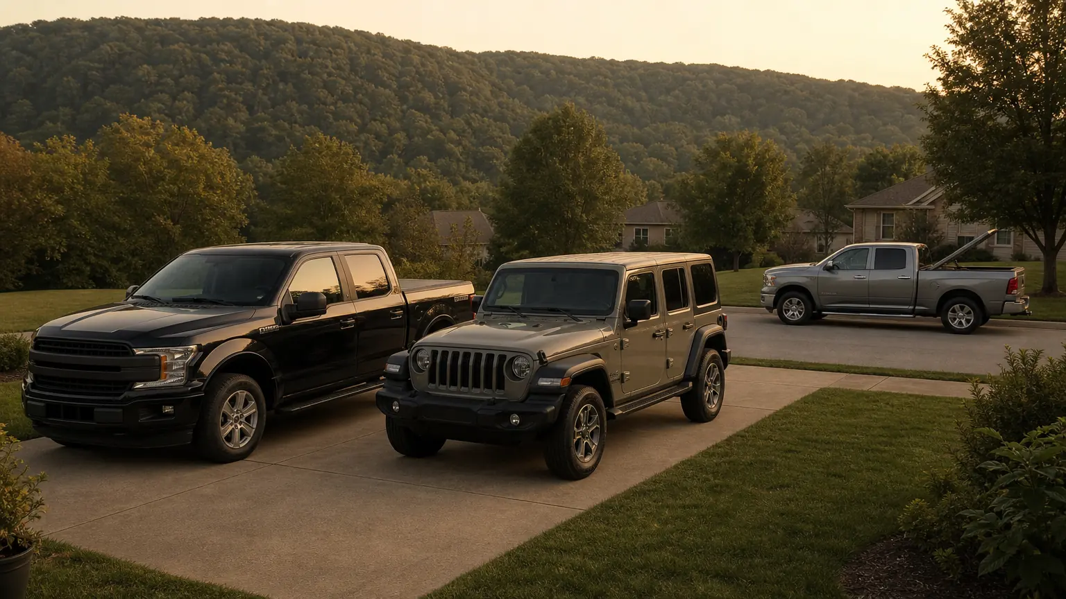 Mobile mechanic's service truck at a Southern Indiana driveway next to a Jeep and a pickup