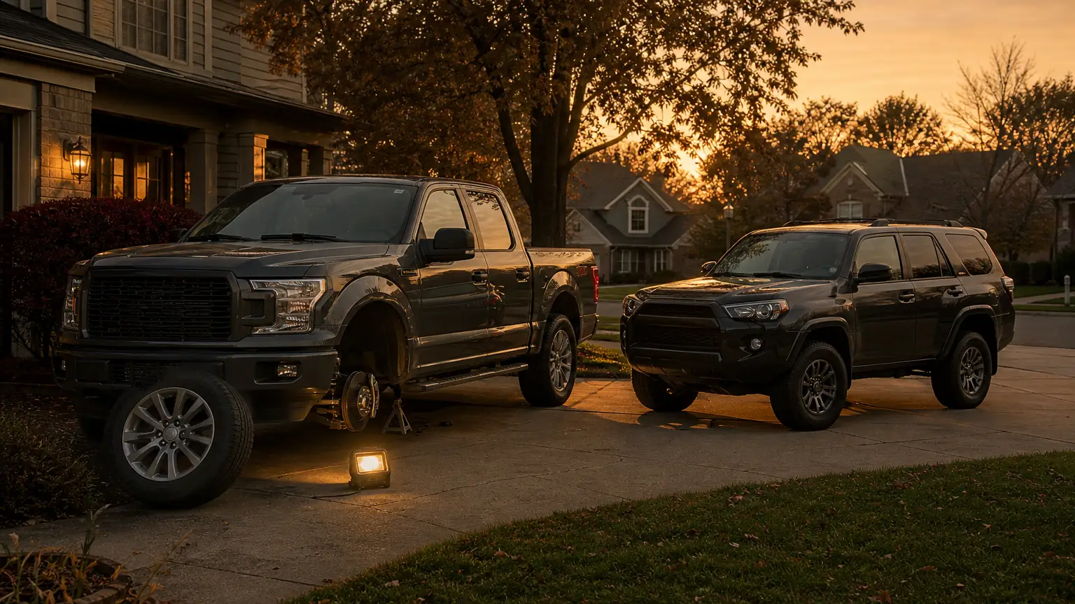 Ford F-150 and Toyota 4Runner in a Louisville driveway during a mobile repair