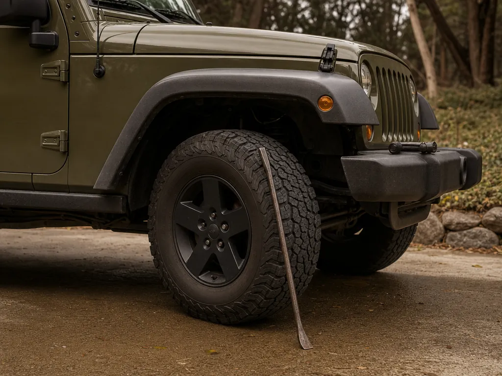 Pry bar and flashlight beside a Jeep Wrangler front wheel for a steering play check
