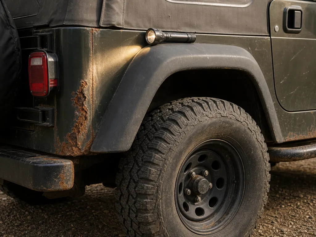 Surface rust on the rear fender and body of a Jeep TJ