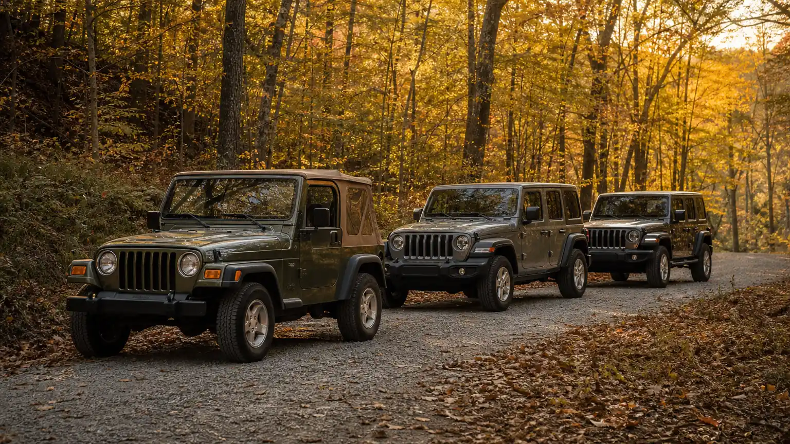 A line of Jeep Wranglers on a wooded Kentucky gravel road