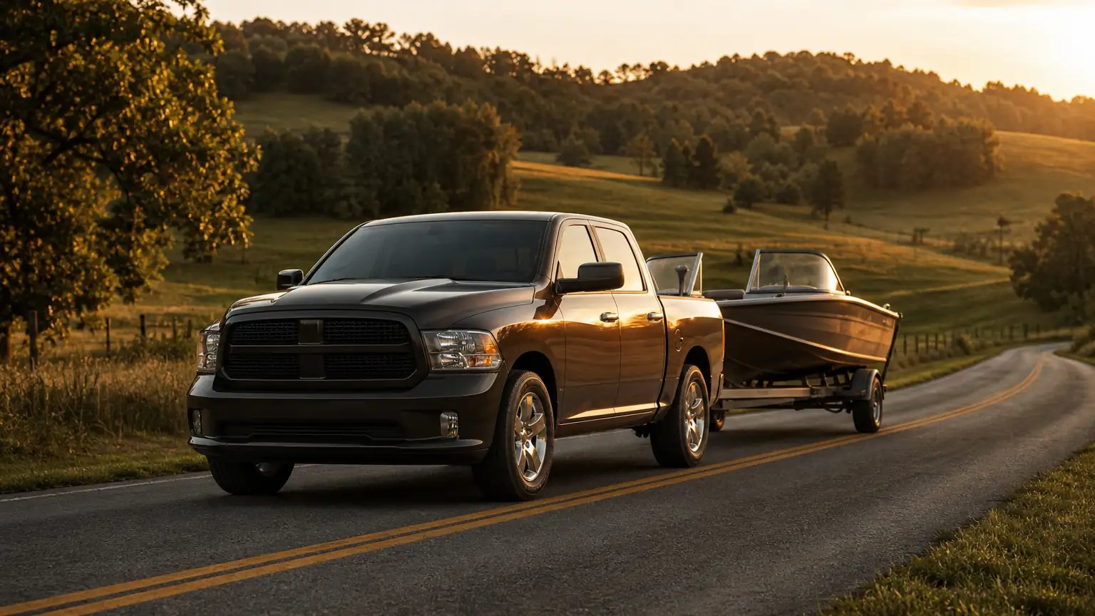 Pickup truck towing a boat on a Kentucky two-lane road