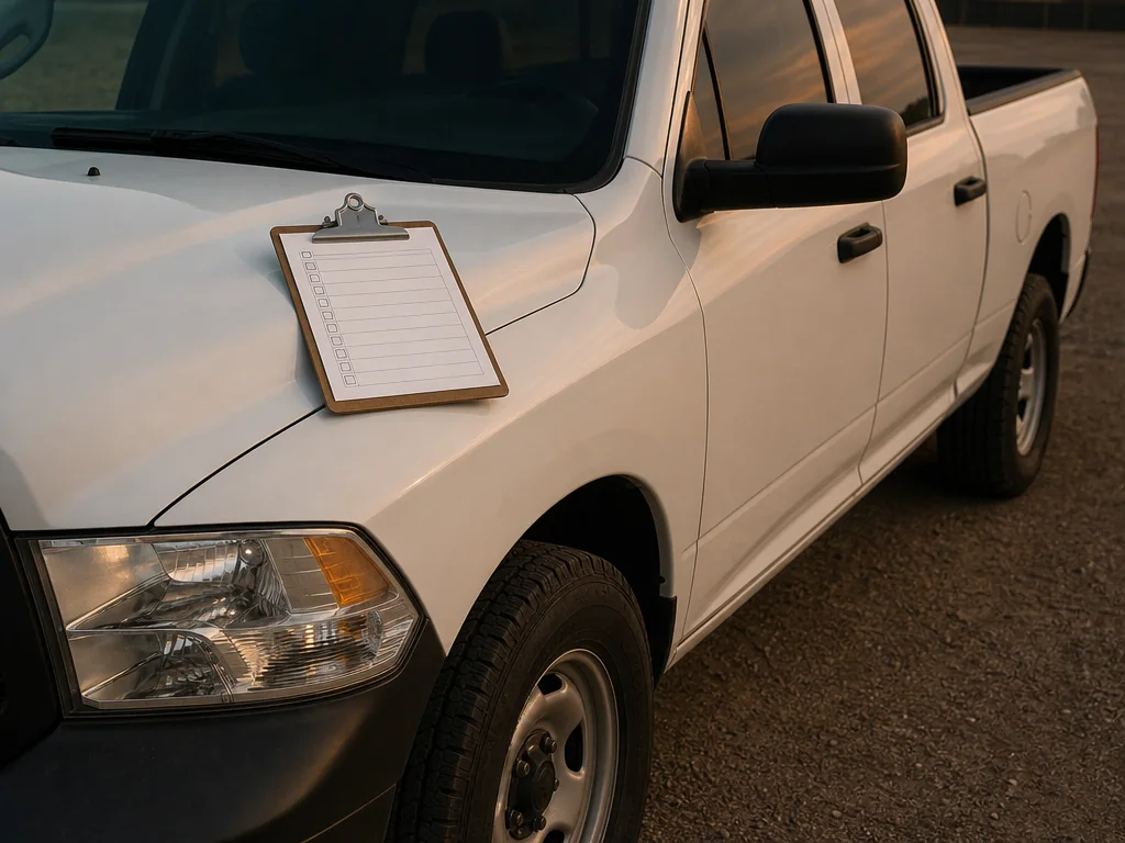 Vehicle inspection checklist on a work pickup's fender