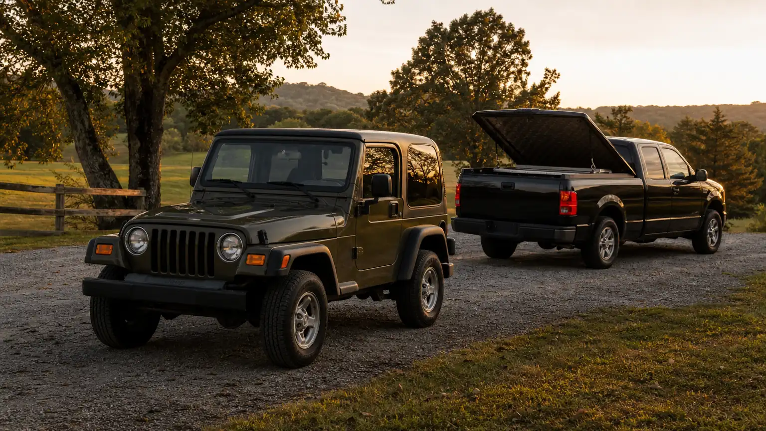 Jeep Wrangler TJ in a driveway beside a mobile mechanic's service truck