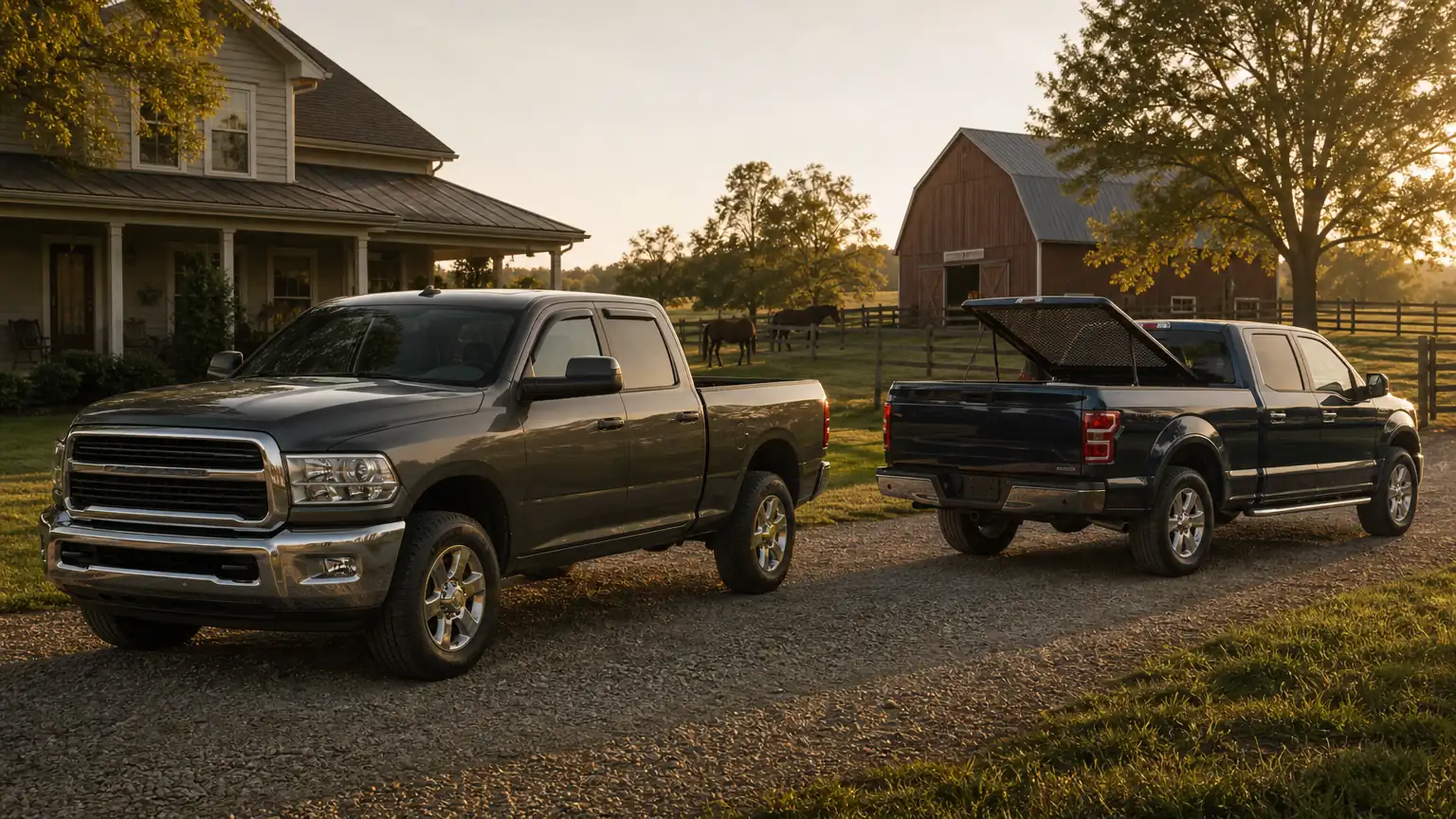 Mobile mechanic's service truck at a Shelby County farm next to a pickup