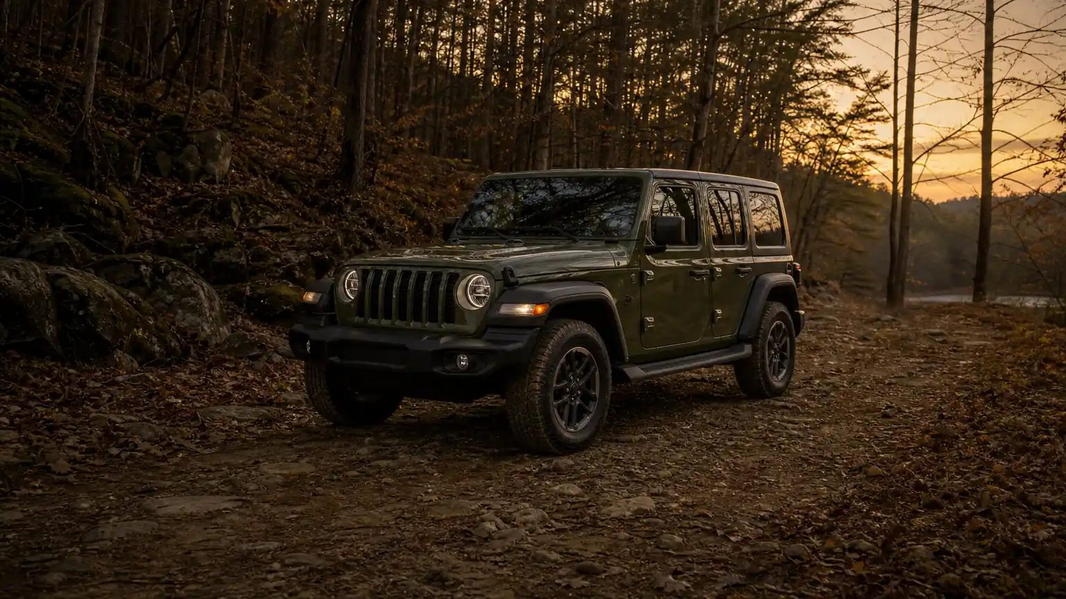 Lifted Jeep Wrangler on a wooded Kentucky trail at dusk