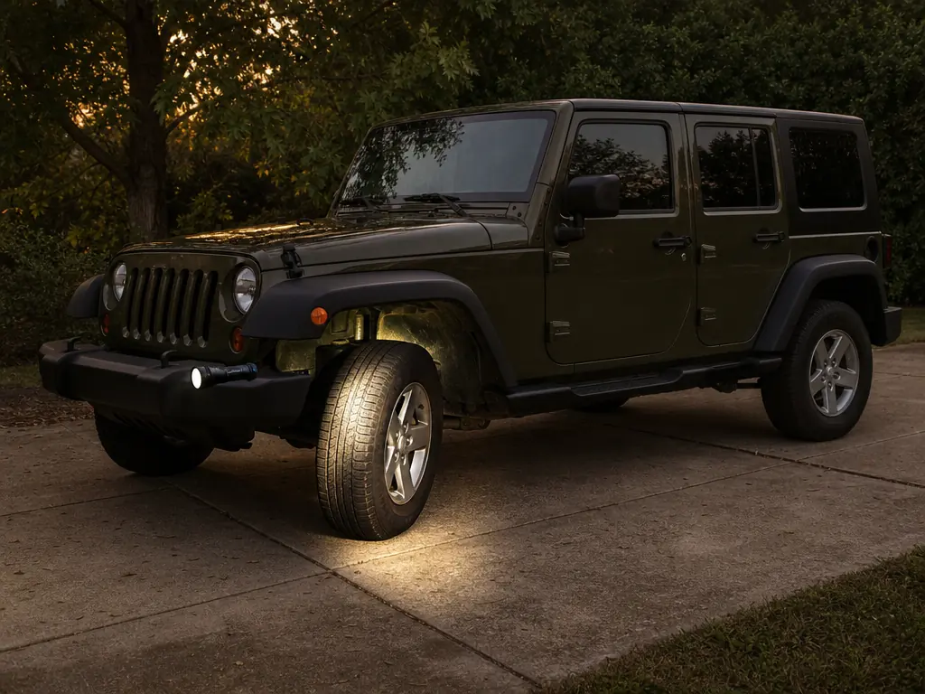 Jeep in a driveway with a flashlight on the steering linkage for a pre-trail check