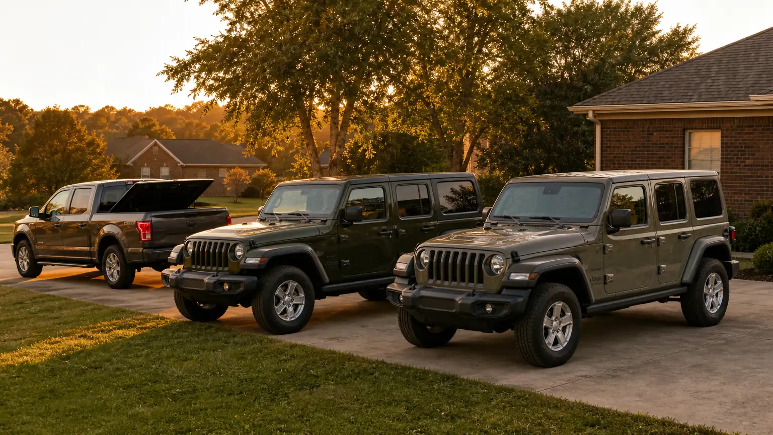 A JK and a JL Jeep Wrangler in a driveway beside a mobile mechanic's service truck