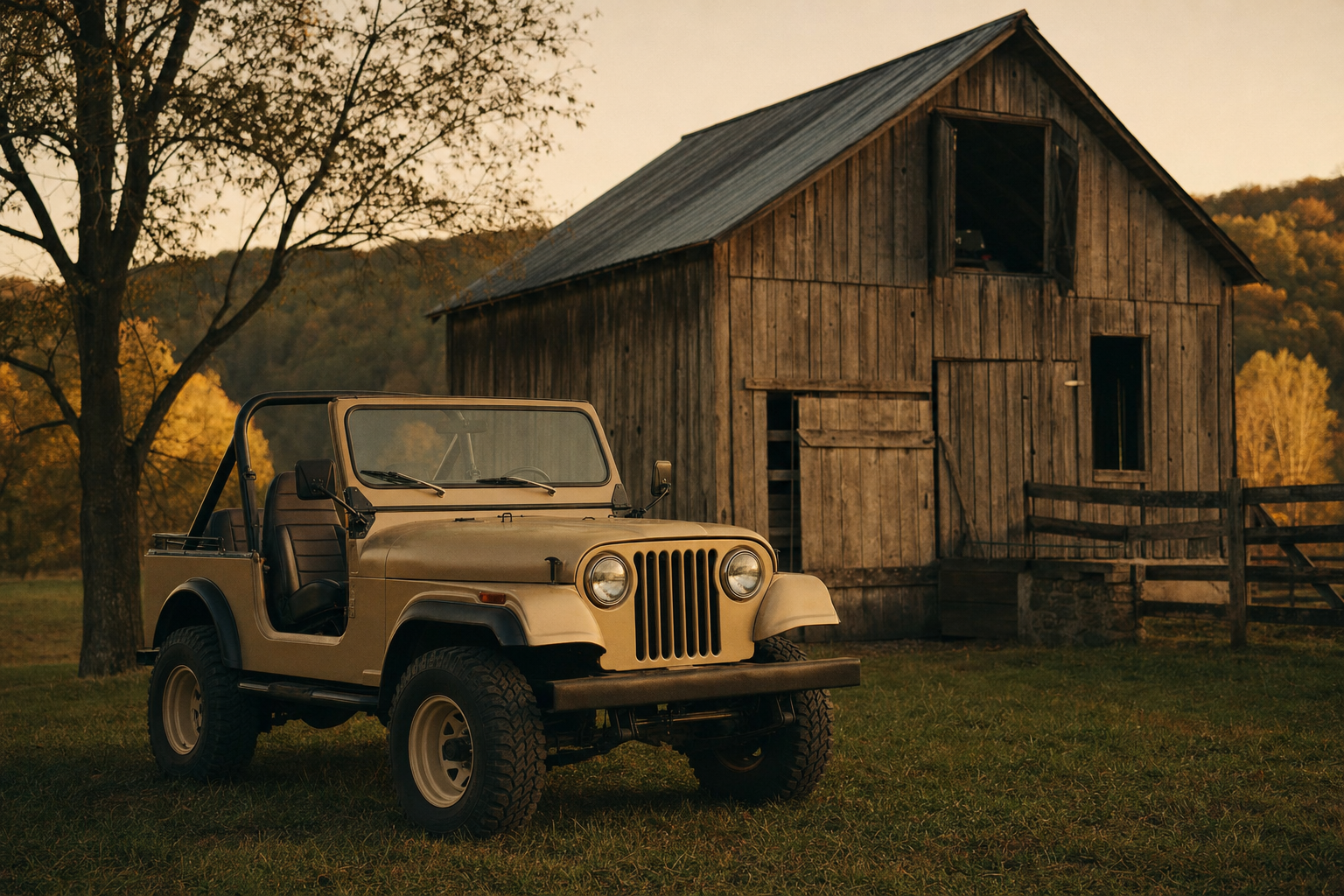 Classic Jeep CJ-7 in front of a barn