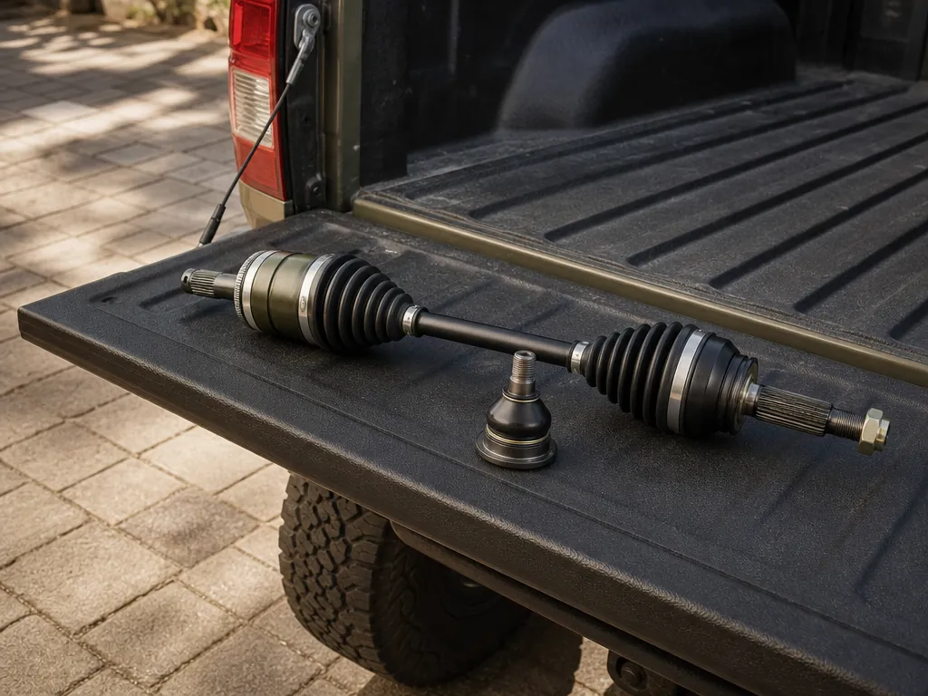 CV axle and ball joint parts laid out on a Toyota Tacoma tailgate