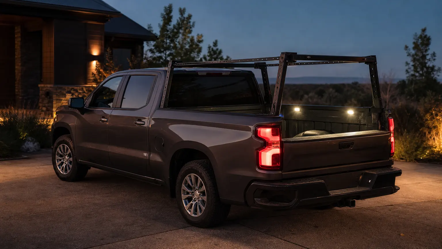 Chevy Silverado 1500 with a bed rack and lit bed lights at dusk
