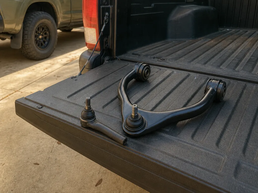 Control arm, ball joint and tie rod end for a Toyota Tacoma laid out on a tailgate