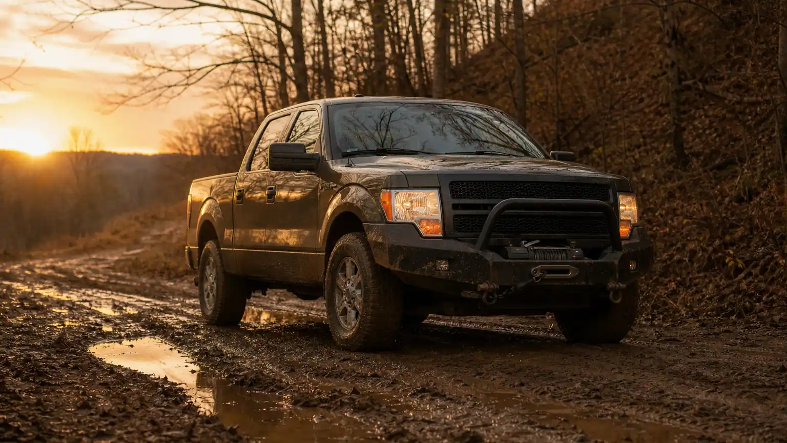 Ford F-150 with a winch bumper on a muddy wooded trail