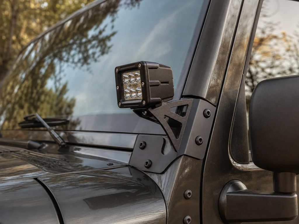 Ditch light mounted on a Jeep's A-pillar