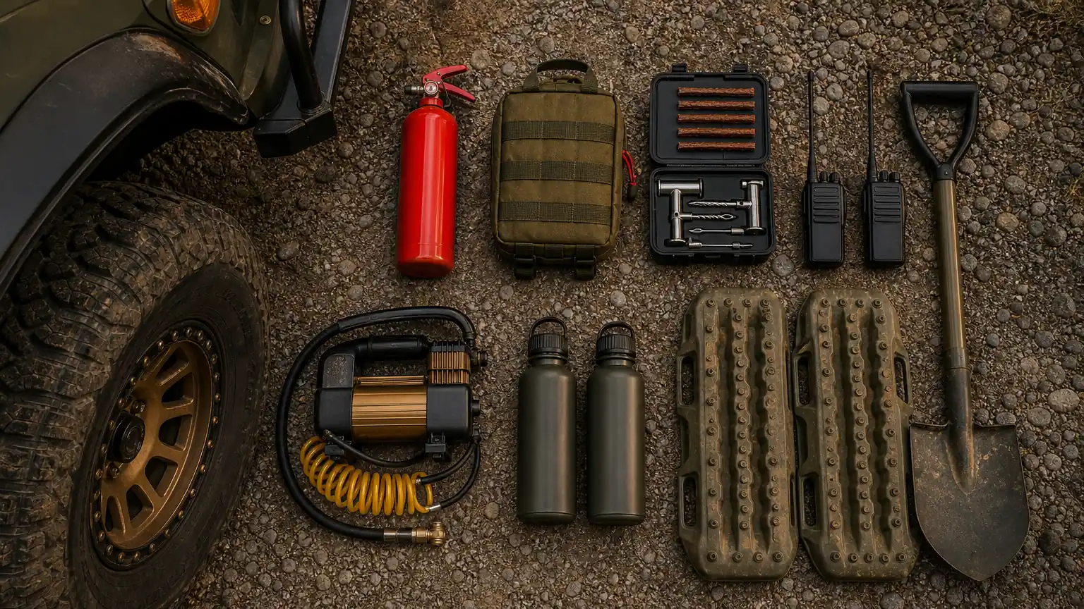 Trail gear laid out on gravel: fire extinguisher, first aid kit, tire repair, compressor, radios and shovel