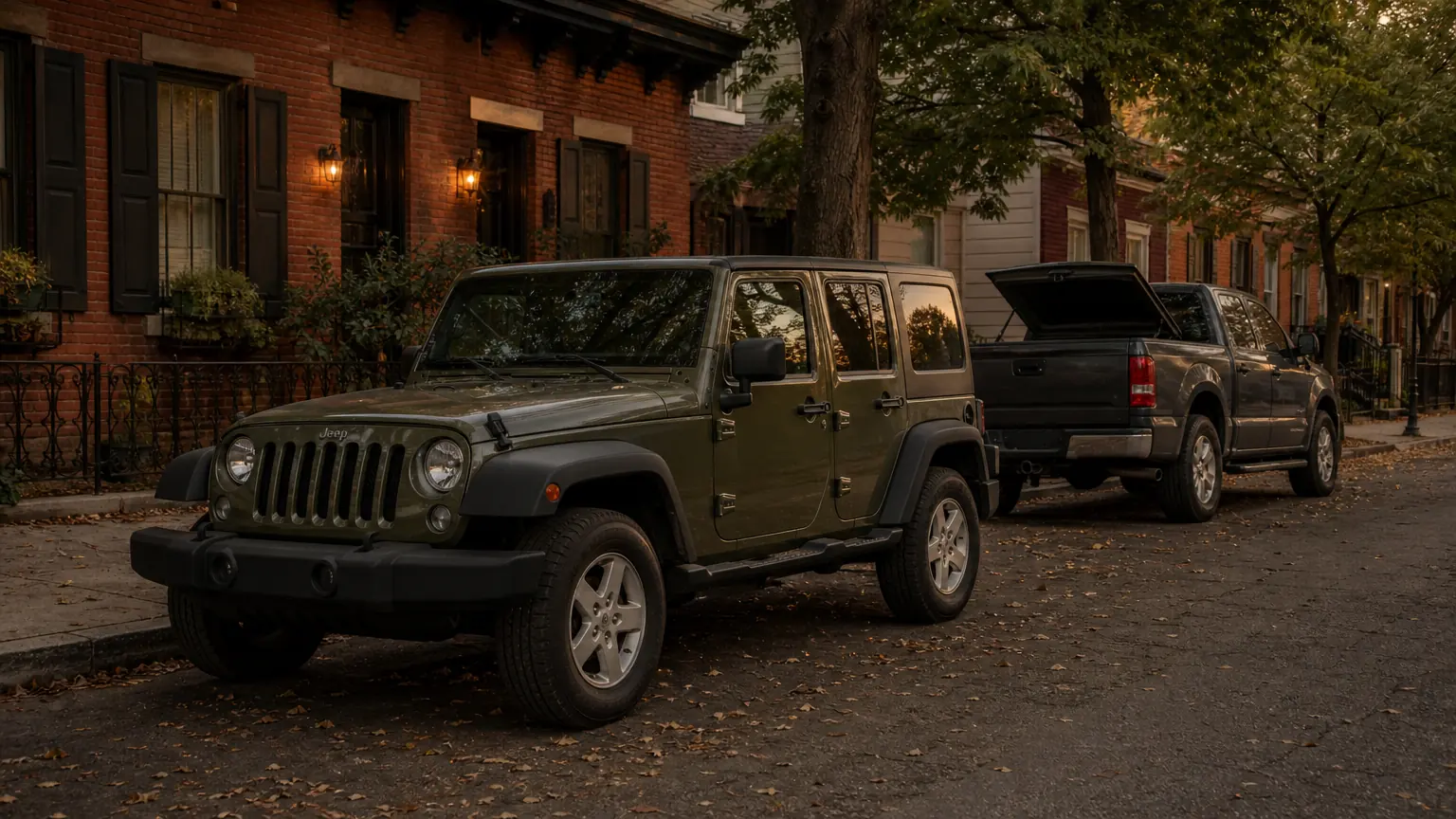 Mobile mechanic's service truck parked behind a Jeep on a Louisville street
