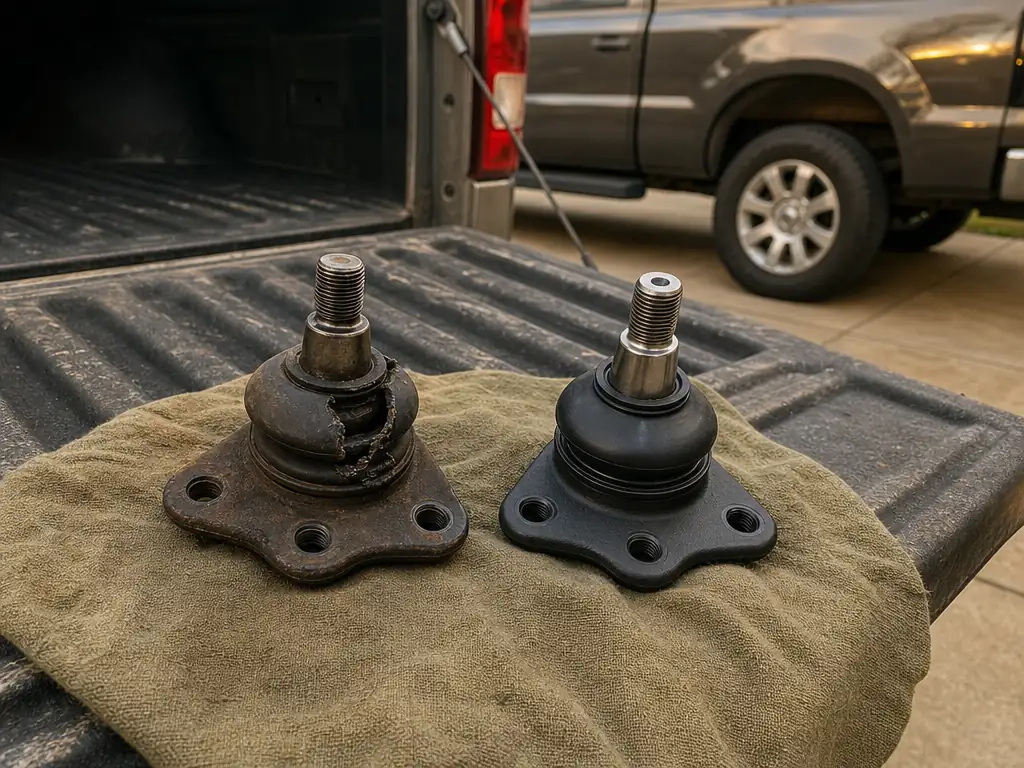 Worn ball joint with a torn boot next to a new replacement