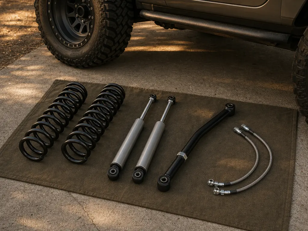Lift kit springs, shocks and track bar laid out in a driveway