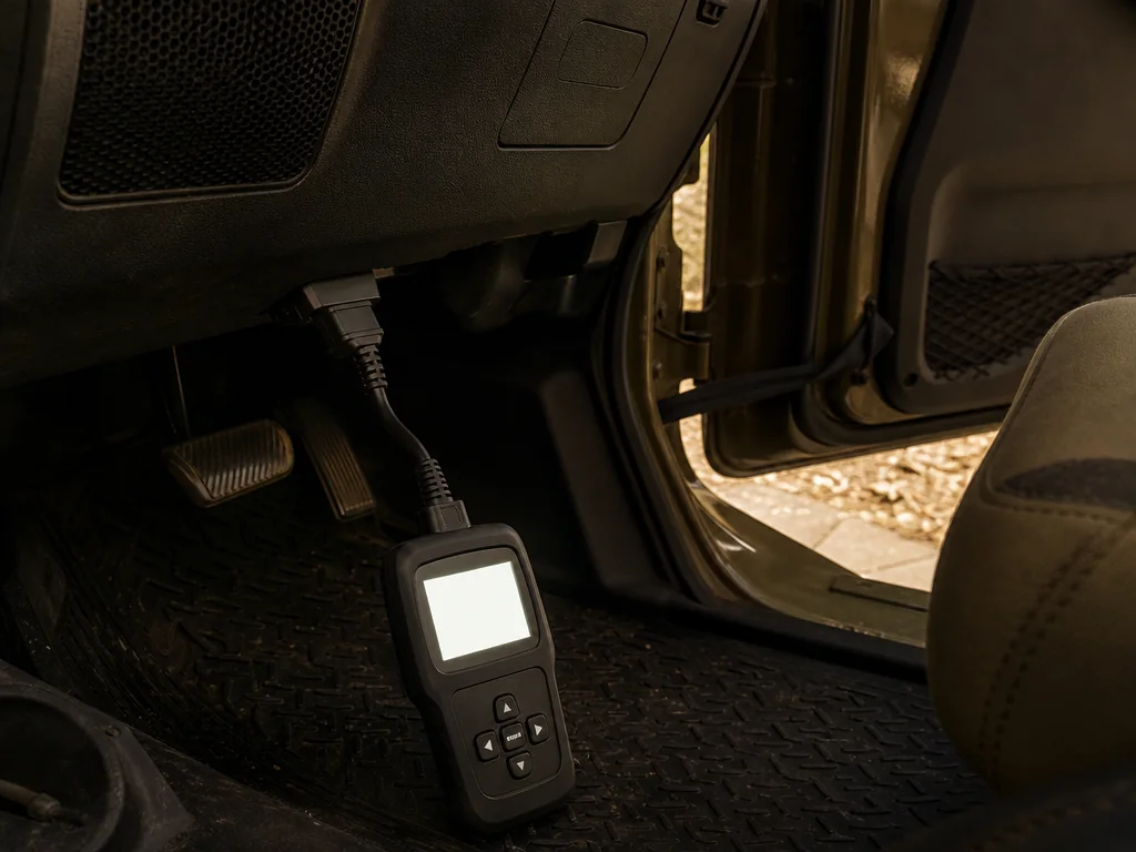 Scan tool plugged into a Jeep Wrangler's diagnostic port in a driveway