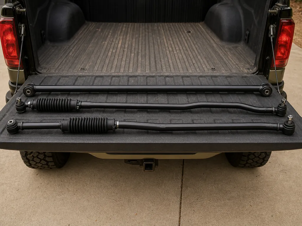 Jeep track bar, tie rod and drag link laid out on a tailgate