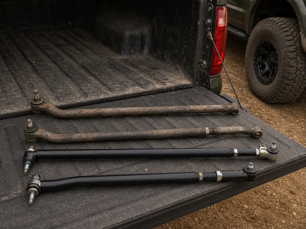 Heavy-duty Wrangler steering parts beside the worn factory parts