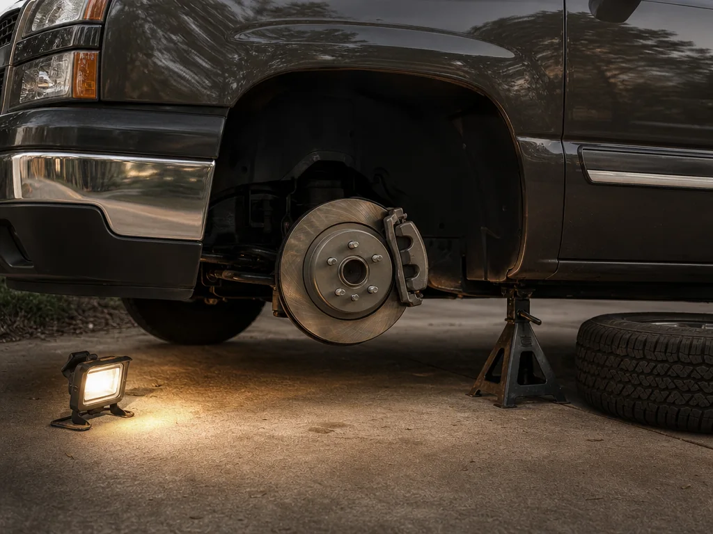 A pickup's front brakes with the wheel removed in a Louisville driveway