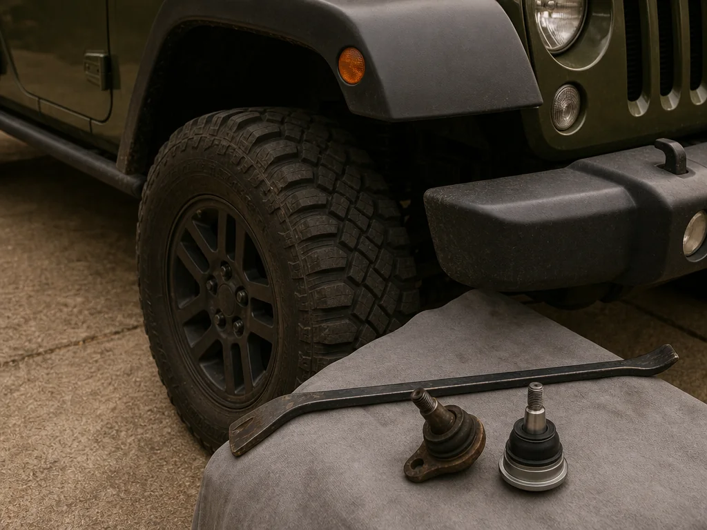 Jeep ball joints and a pry bar on a fender cover in a driveway