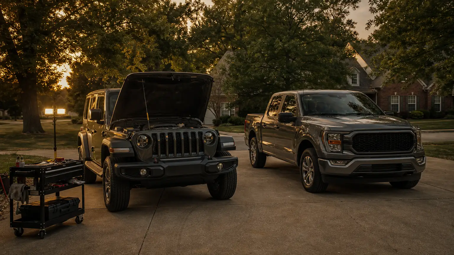 Jeep Wrangler and Ford F-150 in a Louisville driveway for mobile service