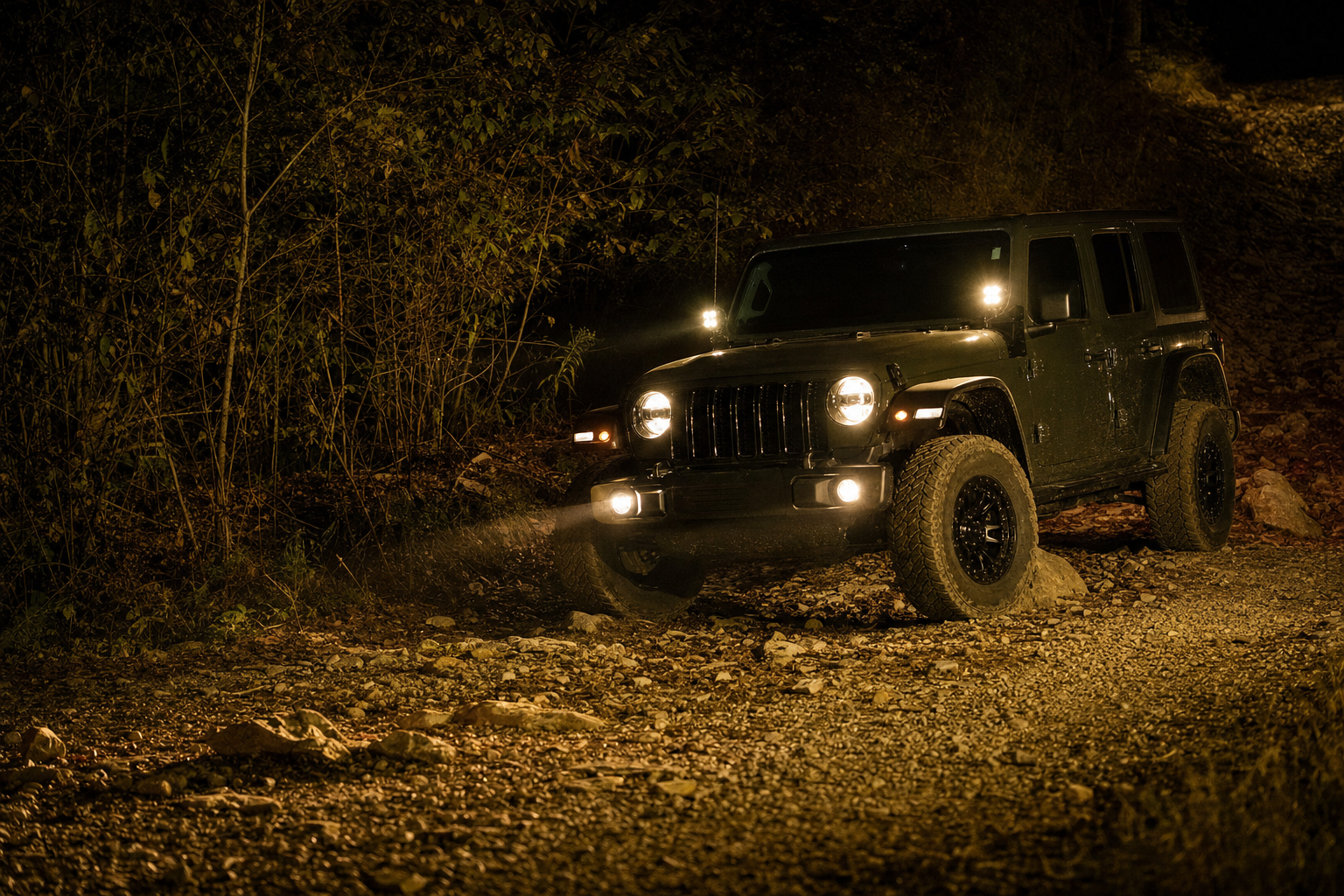 Jeep Wrangler with off-road lighting on a trail at night
