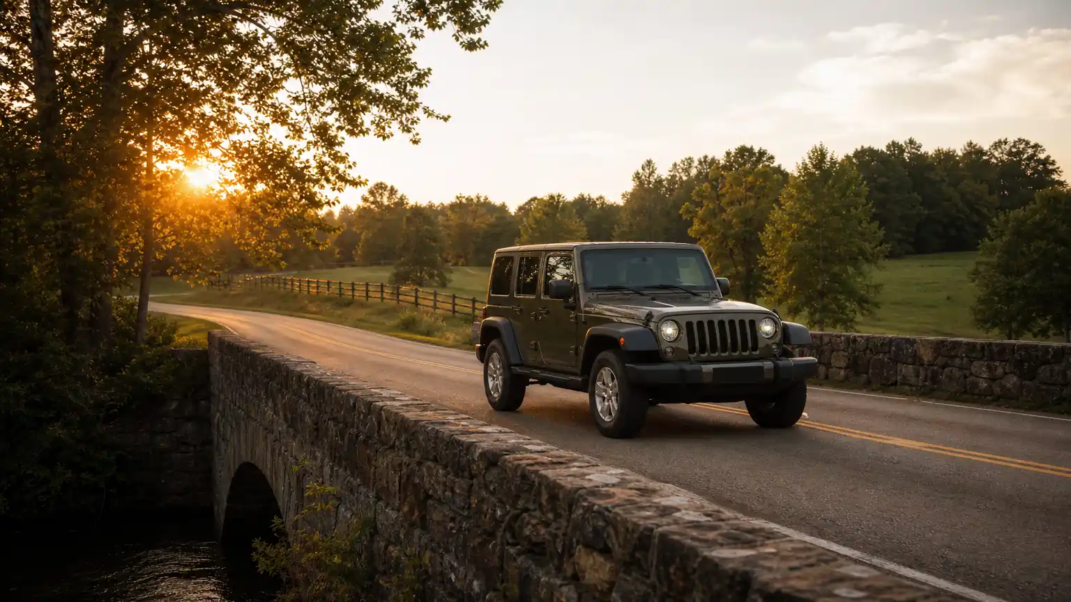Jeep Wrangler crossing a bridge on a Kentucky two-lane road
