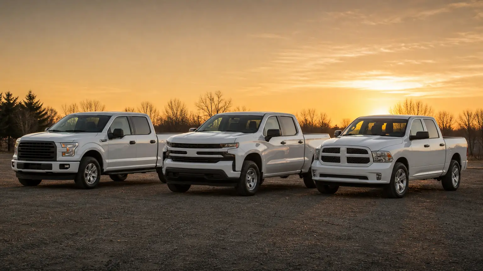 Row of work pickups in a lot at sunrise
