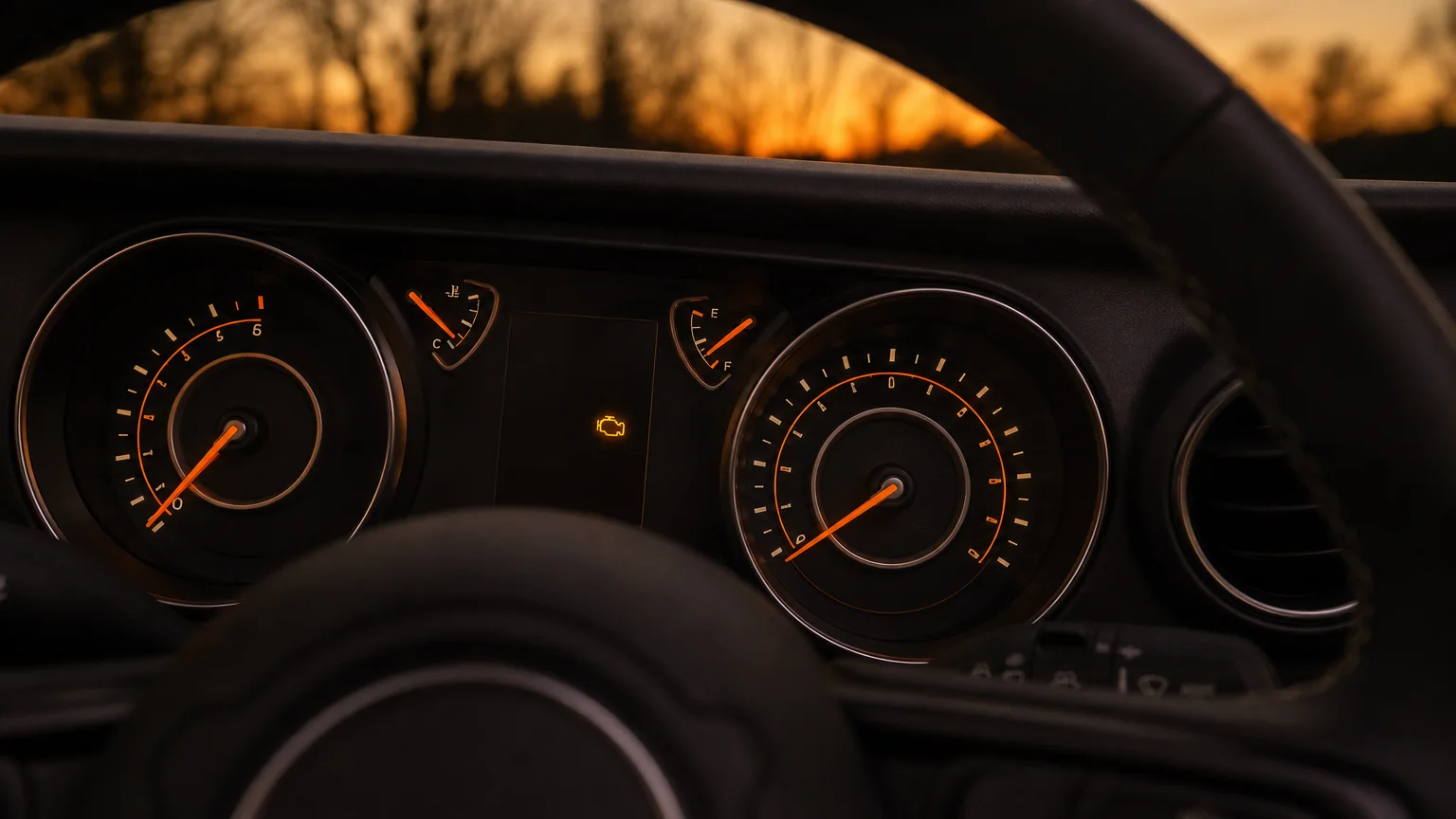 Amber check engine light on a Jeep Wrangler dashboard