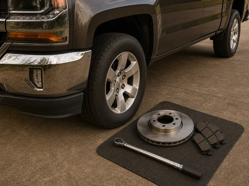 Brake parts and a torque wrench beside a pickup truck wheel in a driveway