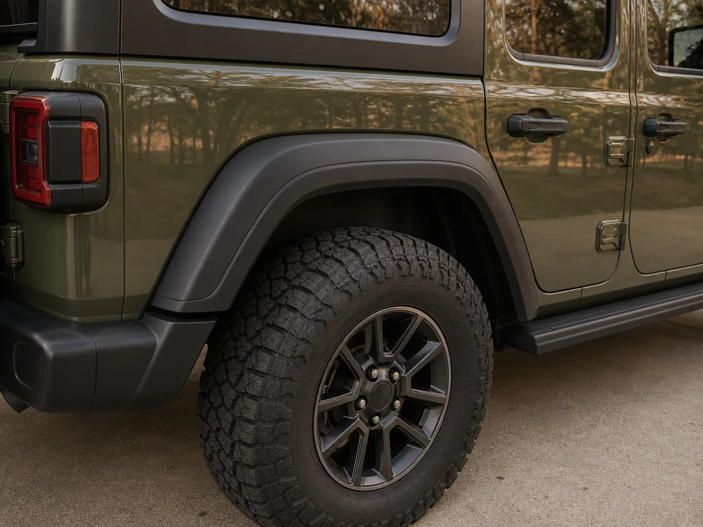 New fender flare fitted on a Jeep Wrangler in a driveway