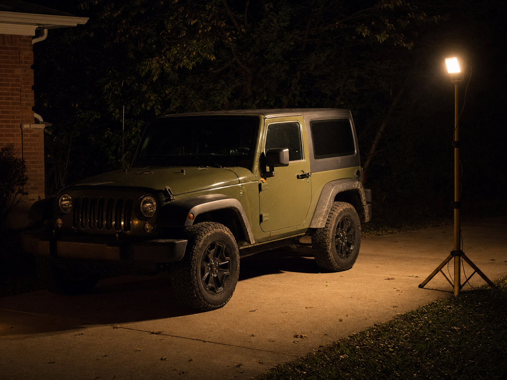 Jeep in a driveway lit by a work light at night