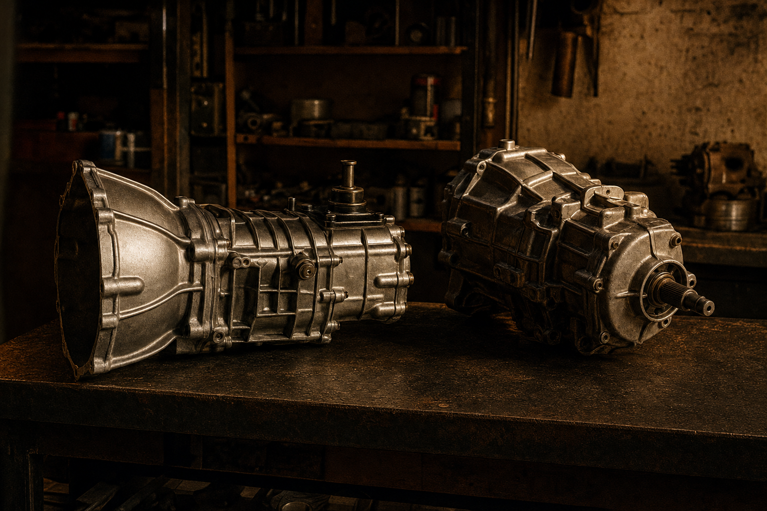 Rebuilt Jeep transfer case and manual transmission on a workbench