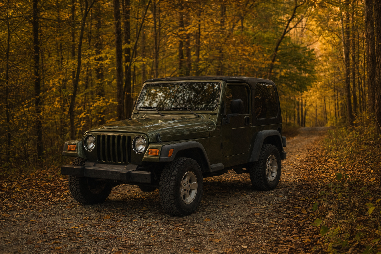 Jeep Wrangler TJ on a wooded trail
