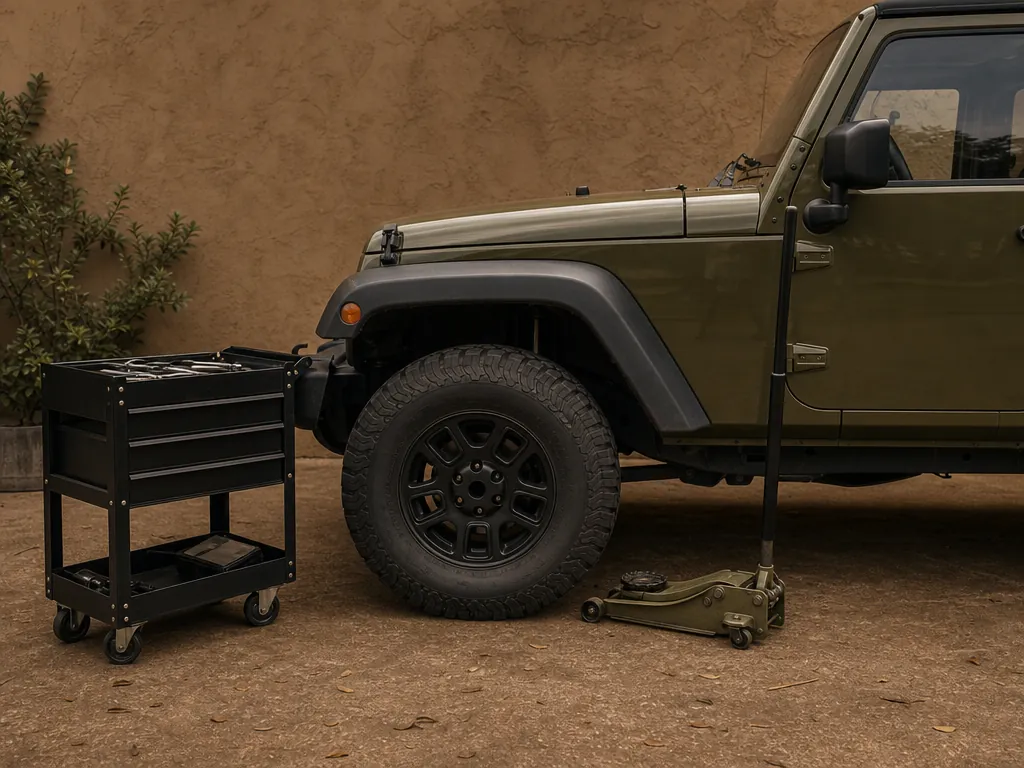 Tools and a floor jack beside a Jeep in a driveway for a lift install