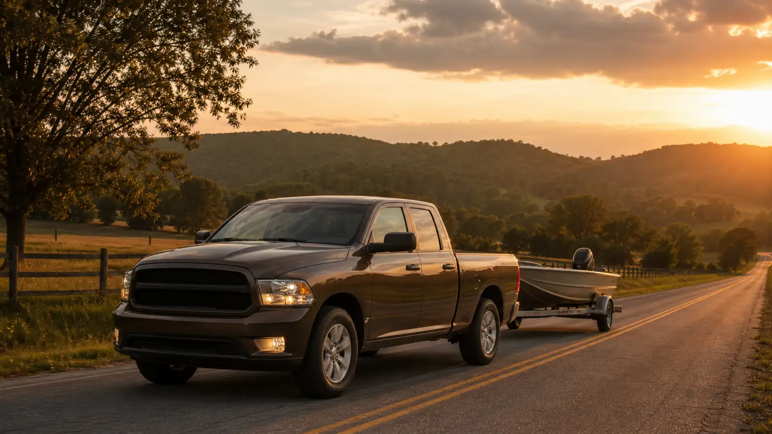 Ram 1500 pickup towing a boat on a Kentucky road