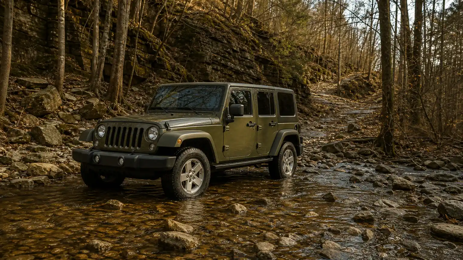 Jeep crossing a shallow rocky creek in the Kentucky hills