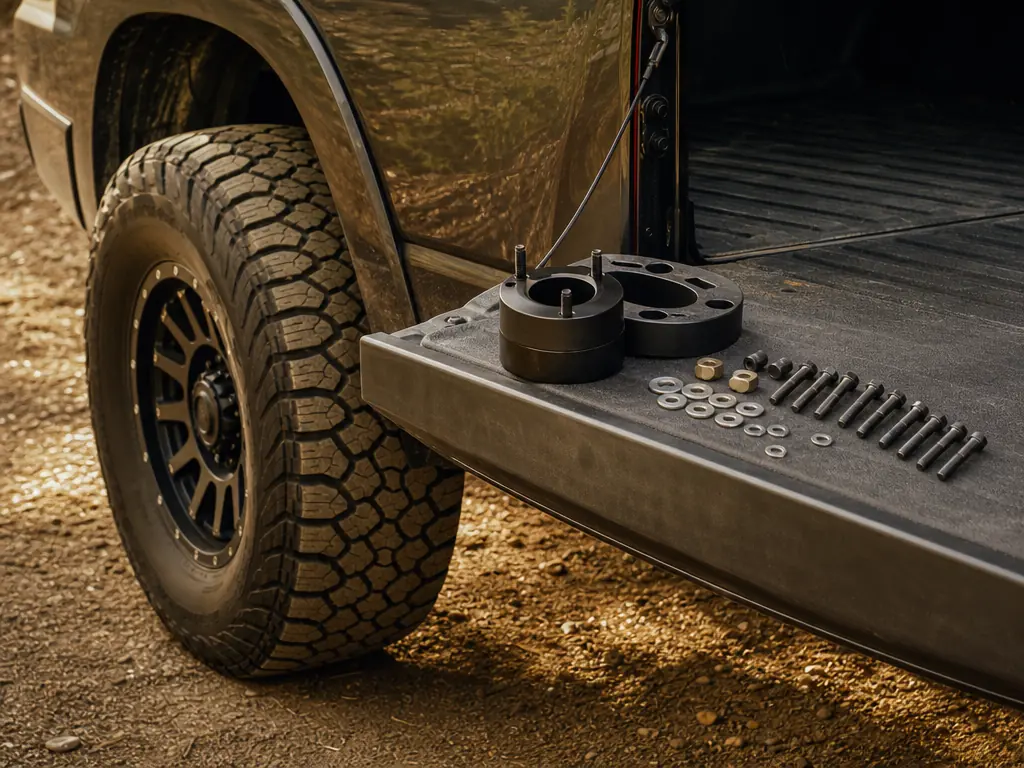 Leveling kit spacers on a pickup tailgate before installation