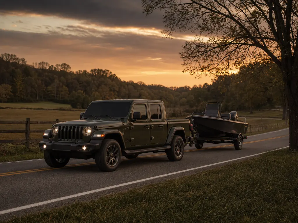 Jeep Gladiator towing a boat on a country road