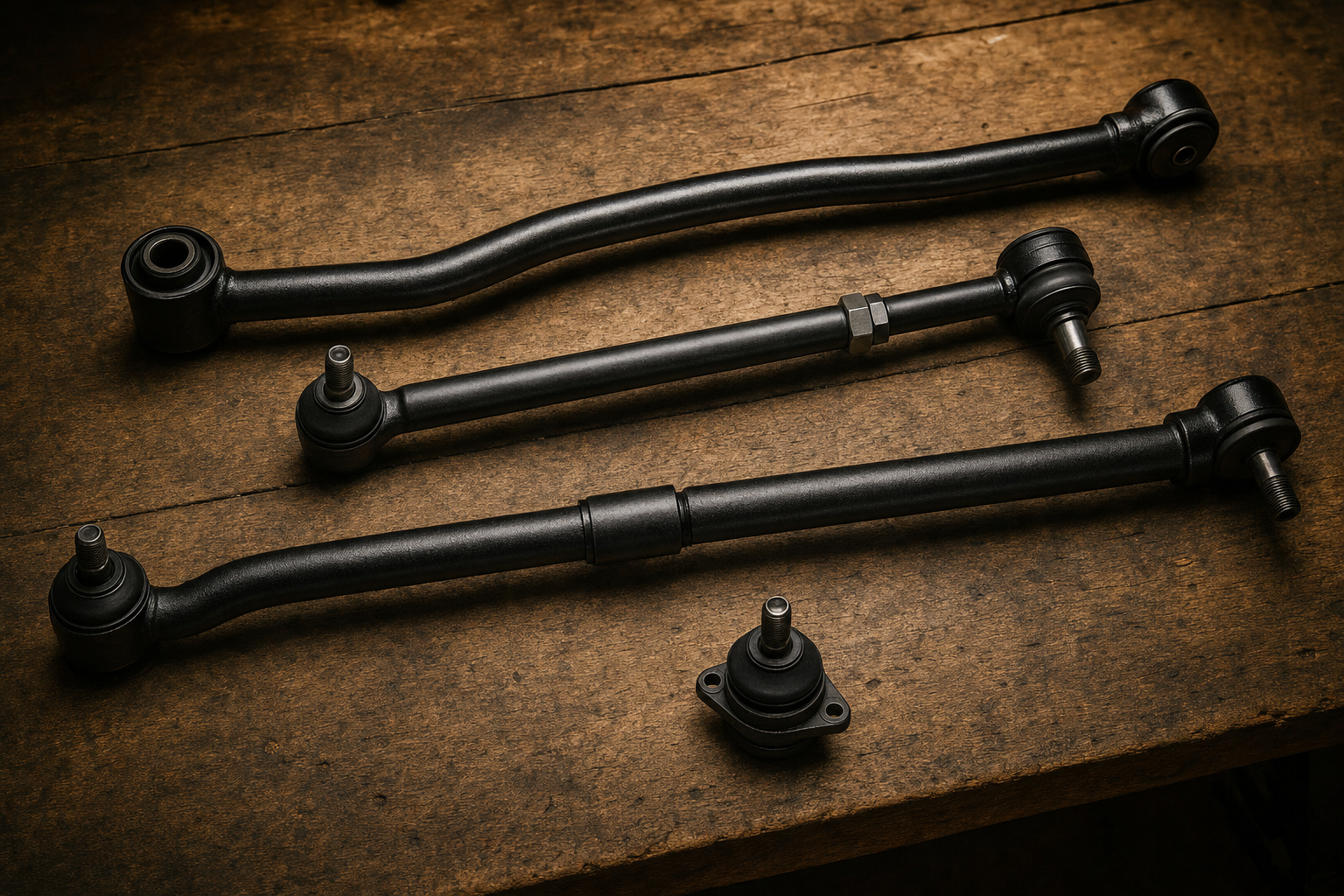 Jeep steering parts laid out for ball joint and track bar replacement